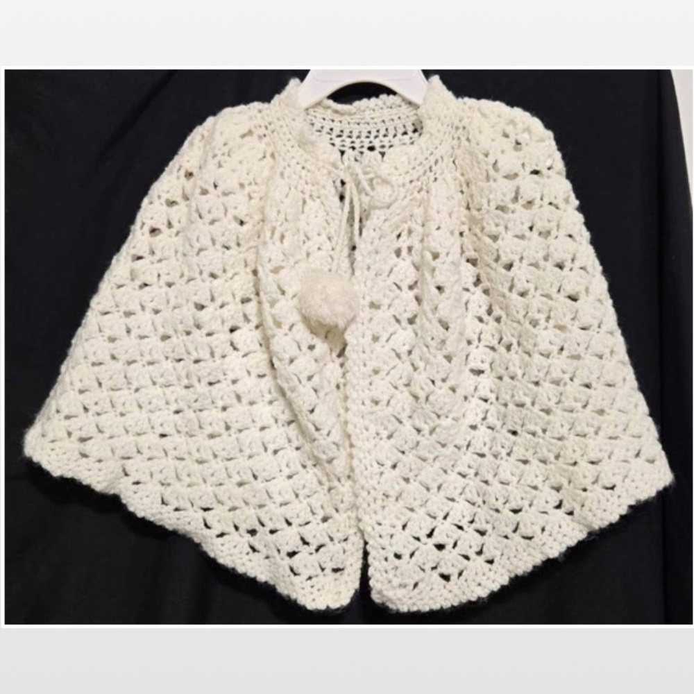 Vtg 70s Shawl Poncho Girls Shoulder Wrap Kids Handmade Crochet White Open Knit